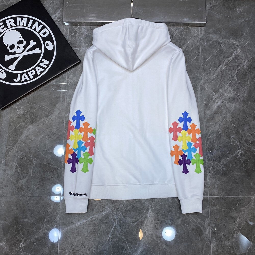 CHH Chrome Heart Hoodie Crowe Double Arm Embroidered Colored Cross Group Leather Zip Sweater